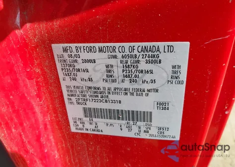 2003 Ford F-150 Xl/Xlt z USA, uszkodzony, nr VIN 2FTRF17223CB13318